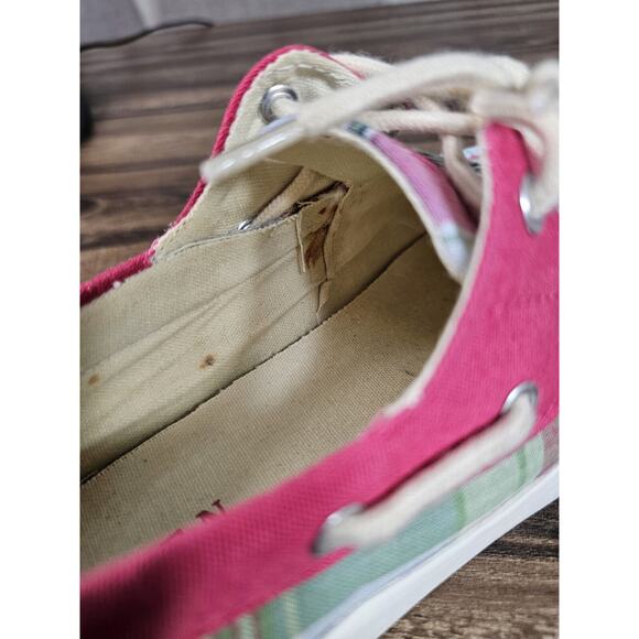 Lauren by Ralph Lauren Breeana Pink Plaid Print Canvas Boat Shoes Size Womens 7B - Picture 13 of 14